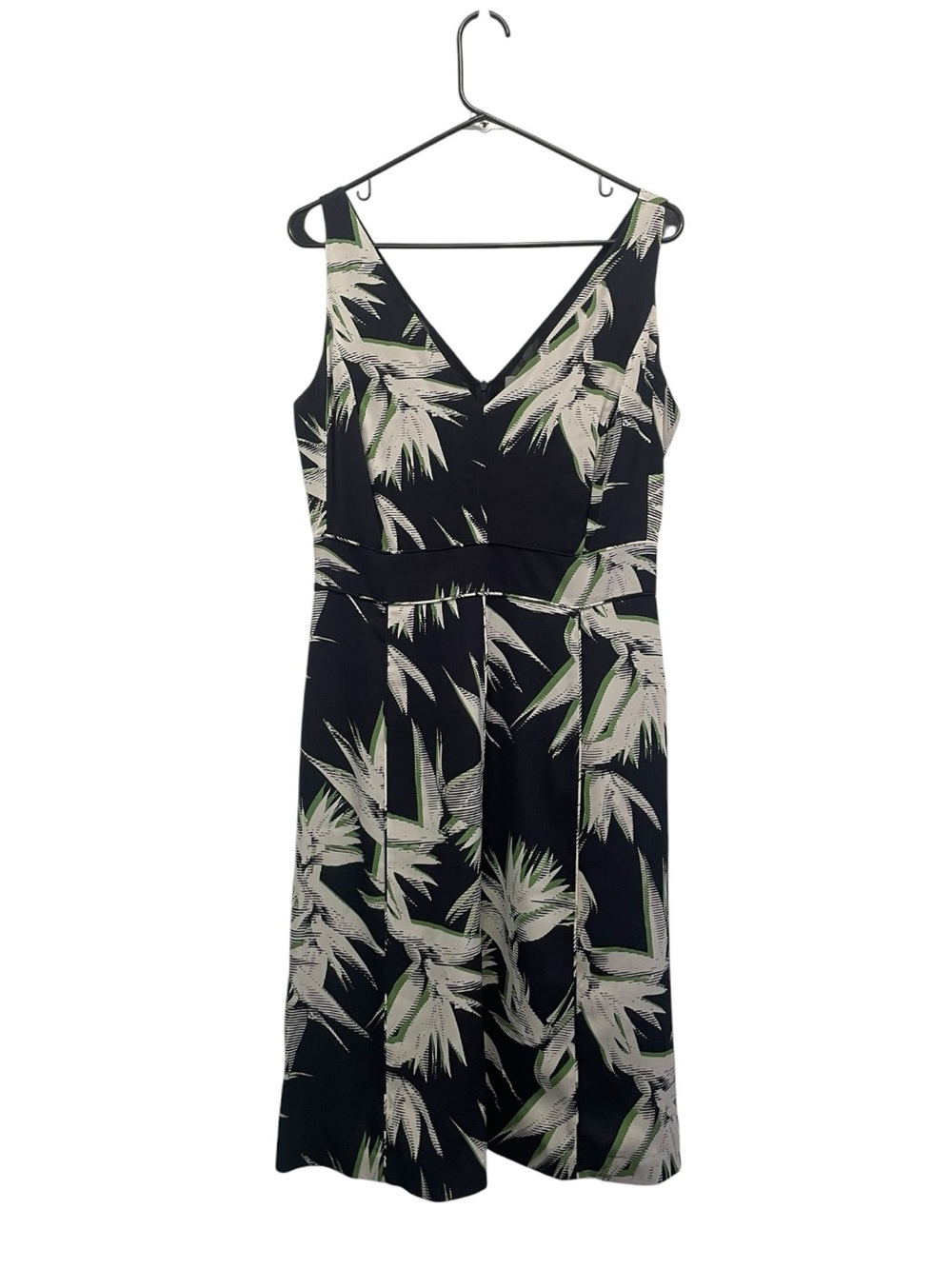 Classiques Entier Navy Green White Silk A-line V-neck Sleeveless Dress Size 8